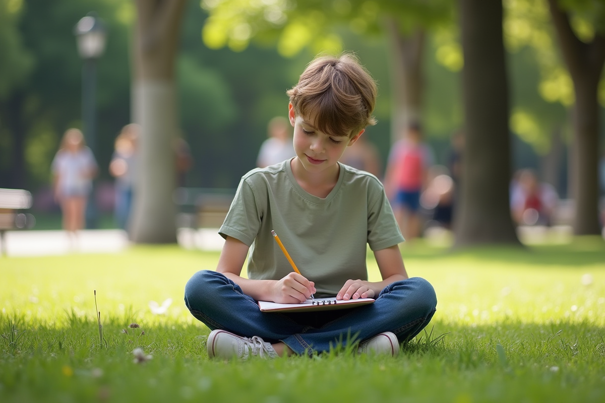 Adolescent dessinant dans un parc en plein air