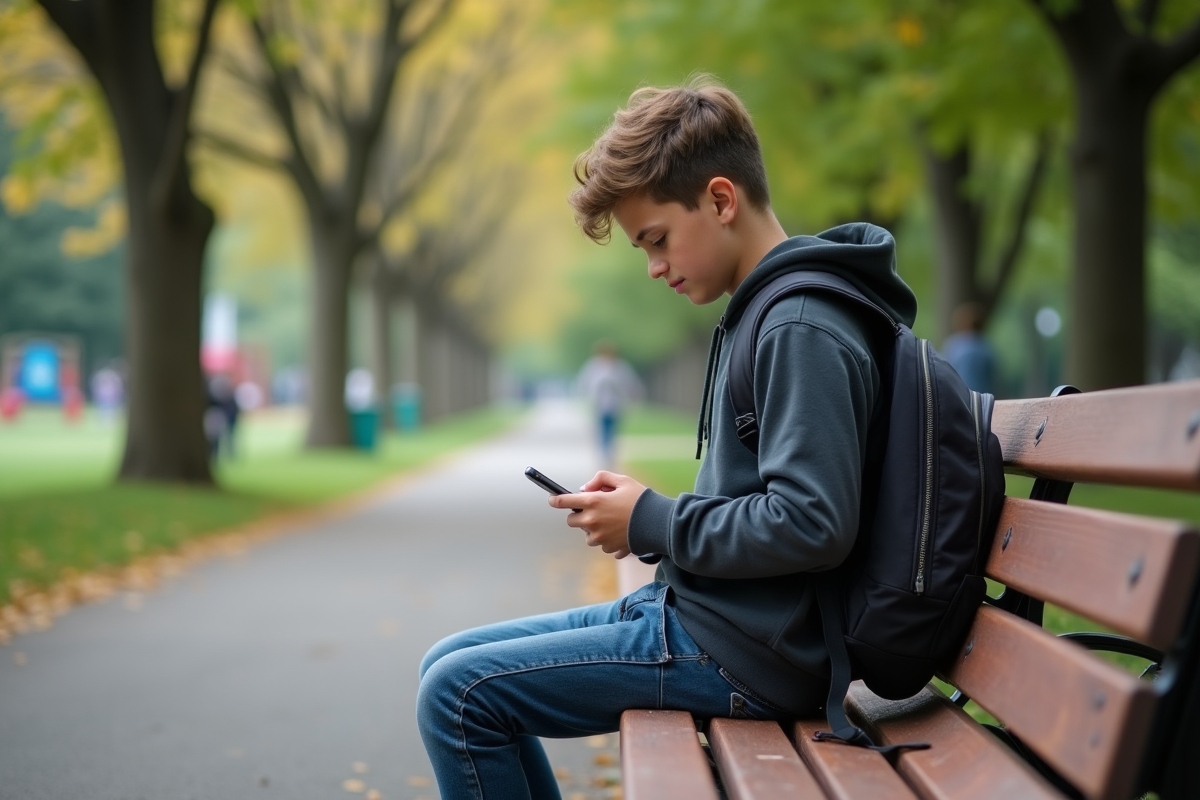 Adolescent seul sur un banc de parc rangeant son smartphone