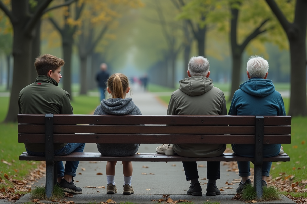 Adolescent et adulte sur un banc de parc en réflexion