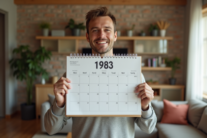 Adulte souriant tenant un calendrier mural 1983 dans un salon lumineux