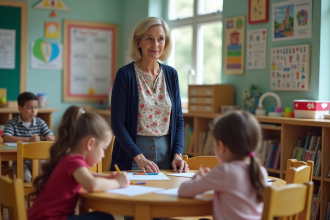Assistante éducatrice avec enfants en classe chaleureuse