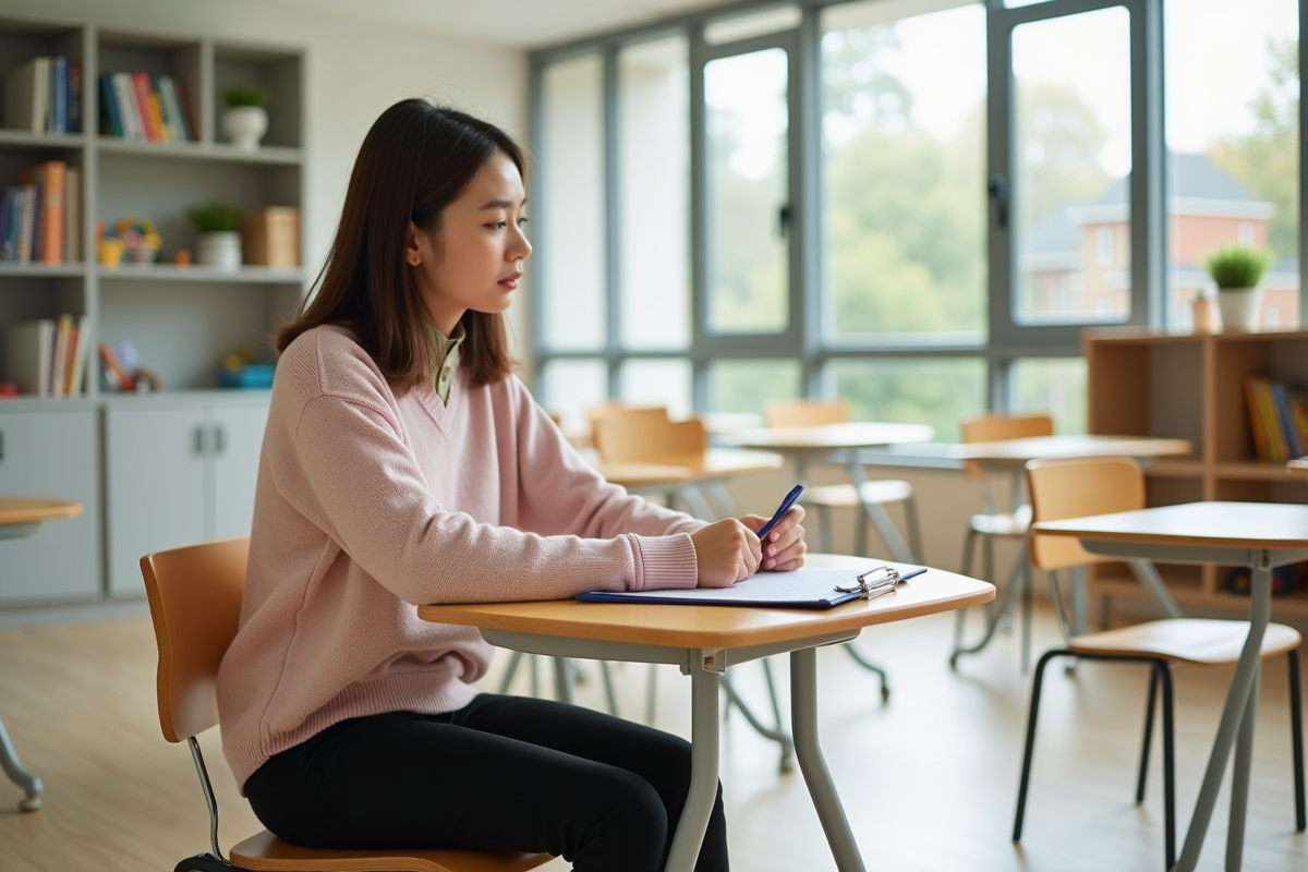 Assistante vérifiant une activité dans une classe lumineuse
