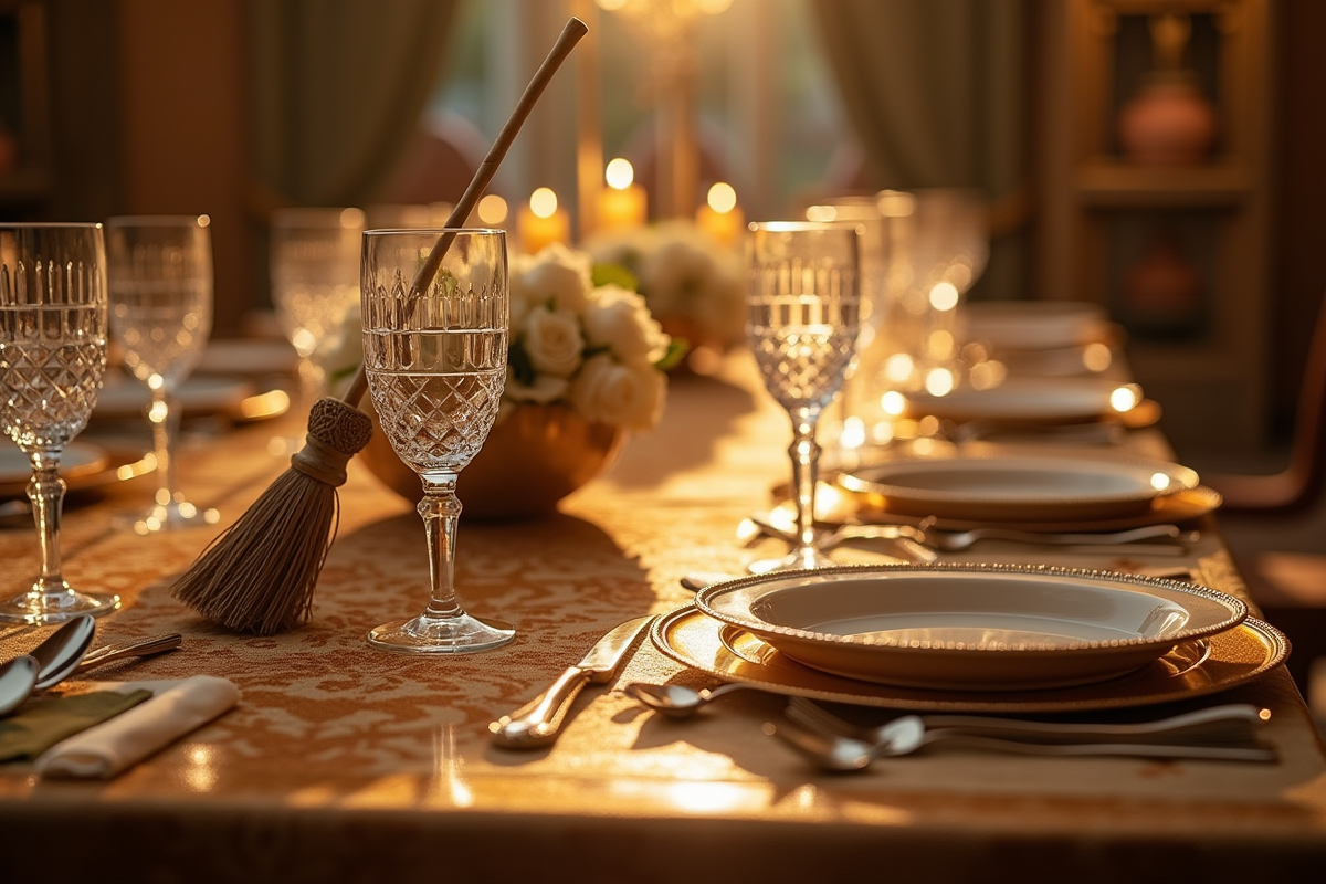Table de banquet avec une brosse ancienne et une place vide