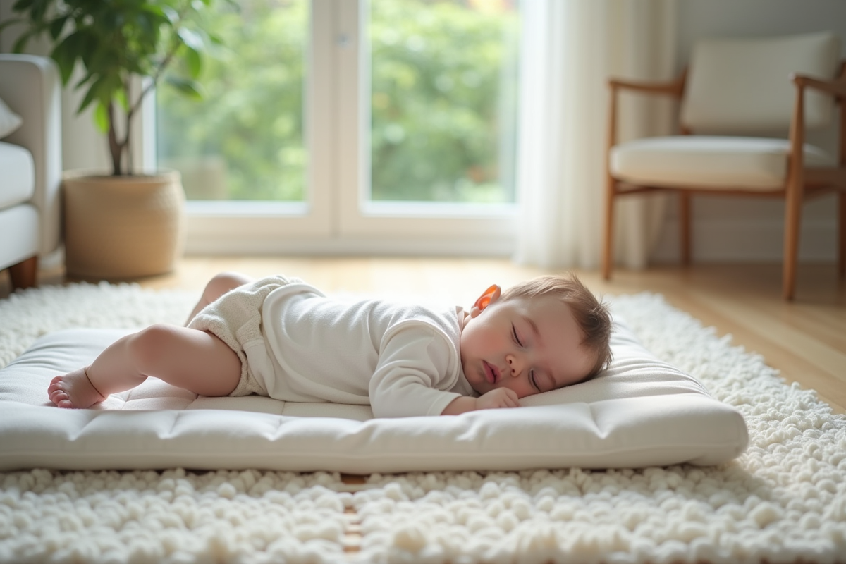 Bébé de 12 mois dormant paisiblement sur un matelas dans le salon