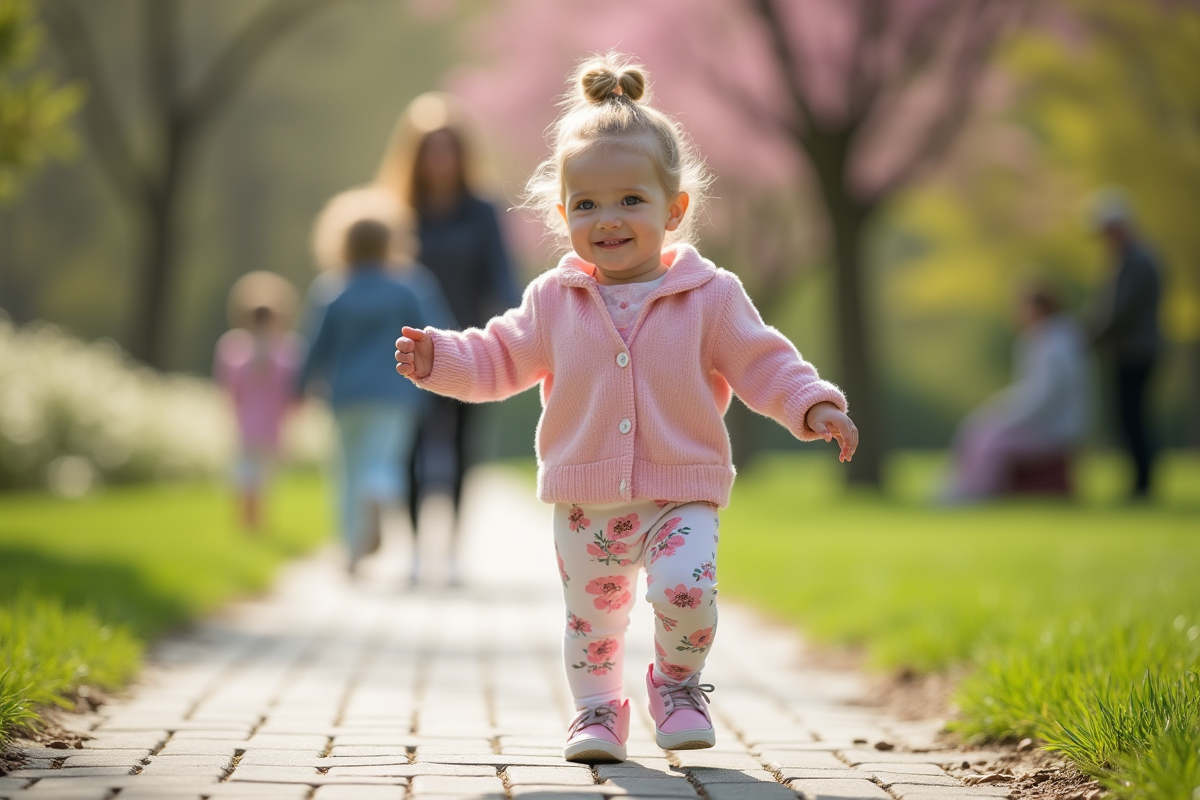 Fille de 14 mois marche fièrement dans un parc ensoleille
