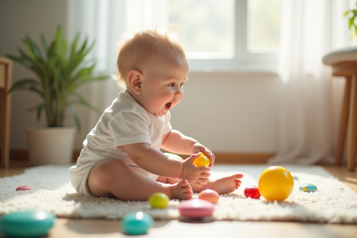 Bébé de 8 mois jouant avec des jouets colorés