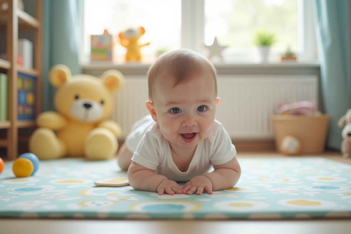 Bébé qui se retourne sur le ventre sur un tapis de jeu coloré