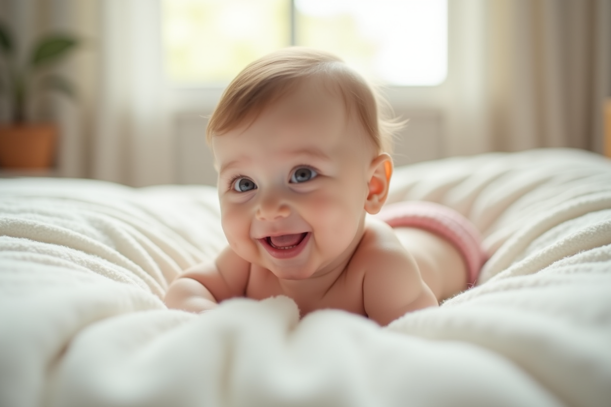 Bébé souriant allongé sur une couverture blanche naturelle
