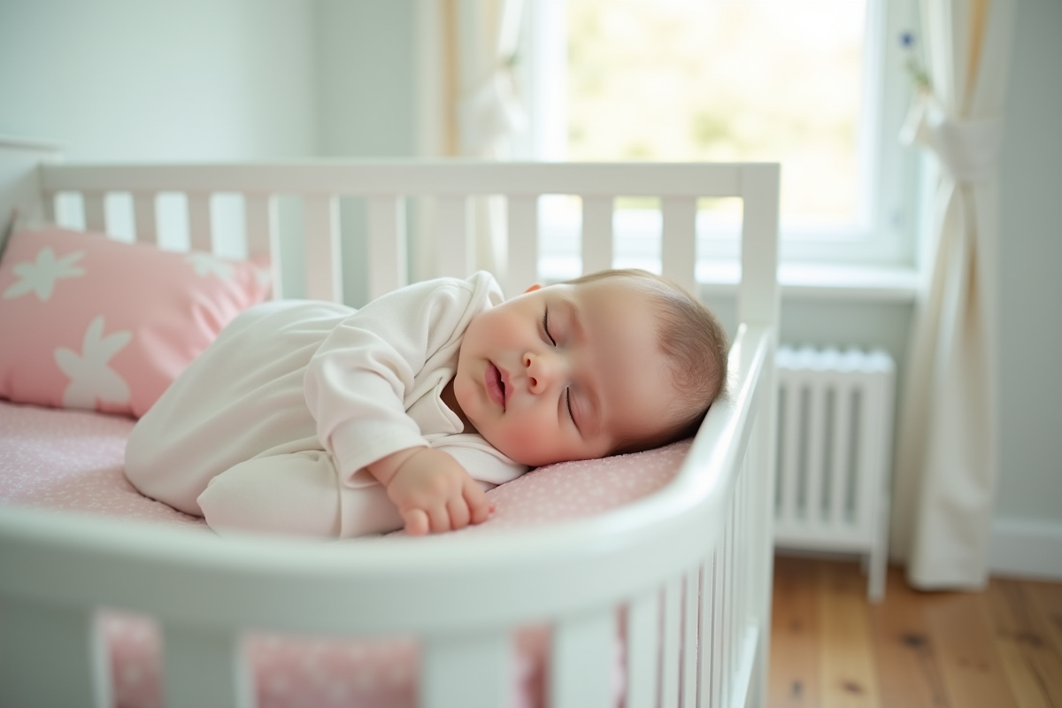 Bébé endormi paisiblement dans un berceau moderne avec barrière blanche
