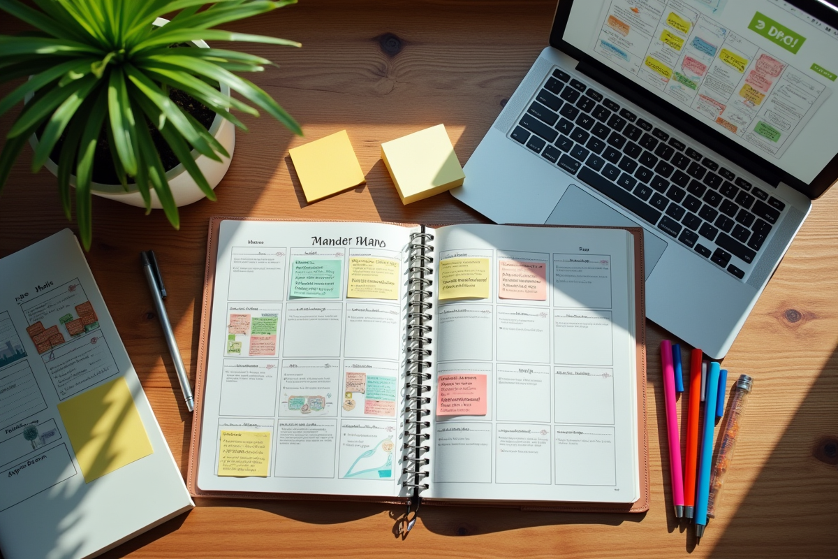 Planificateur ouvert avec stylos et ordinateur sur bureau lumineux