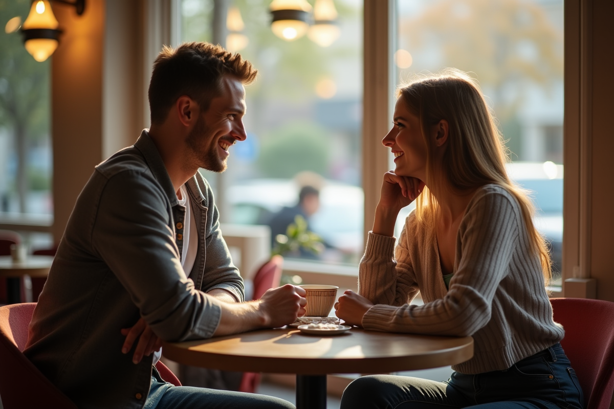 Deux personnes discutent dans un café chaleureux