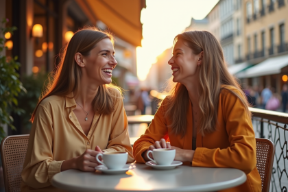 Deux jeunes femmes souriantes au café en terrasse ensoleillée