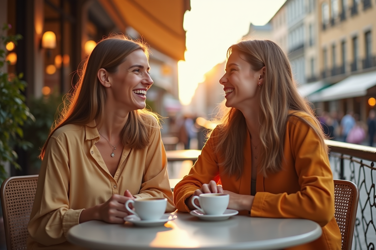 Deux jeunes femmes souriantes au café en terrasse ensoleillée