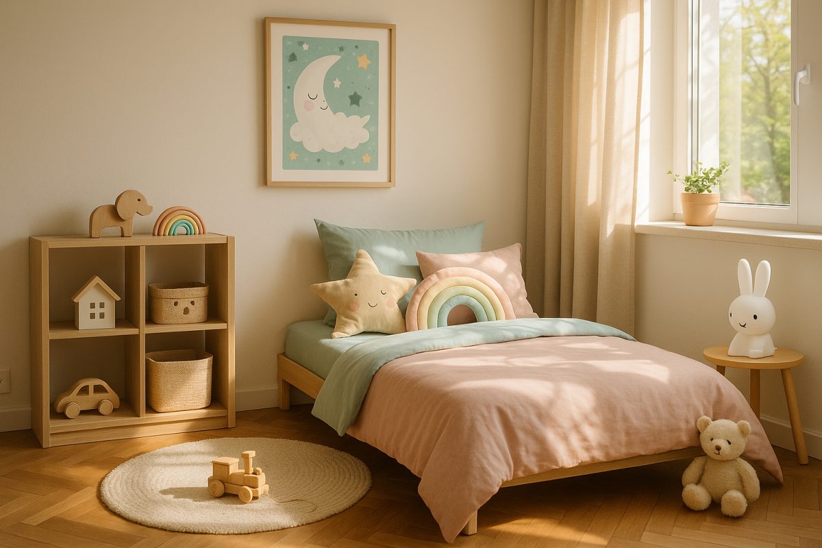 Photo d'une chambre d'enfant moderne et chaleureuse avec literie pastel