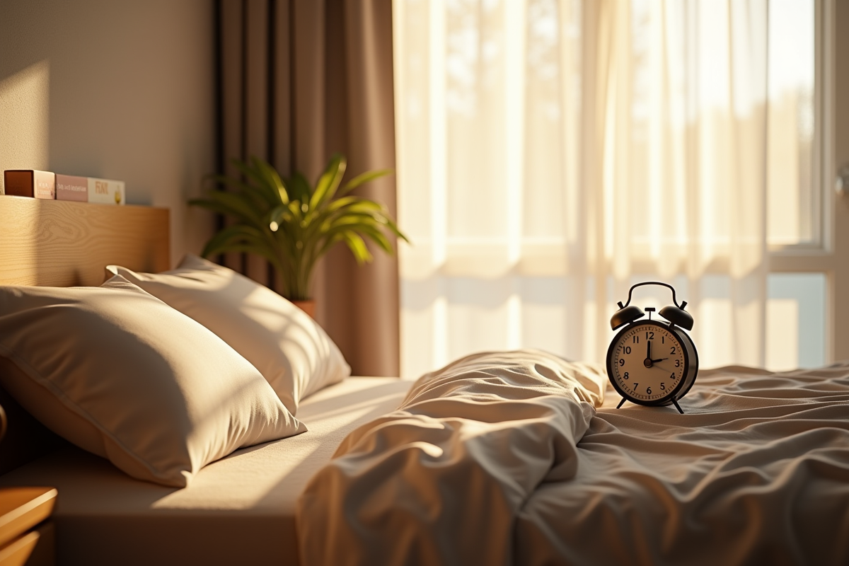 Chambre paisible au matin avec lit bien fait et lumière douce