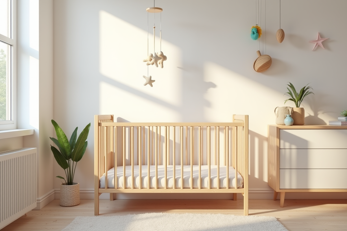 Coin de chambre bébé avec berceau en bois et décor pastel