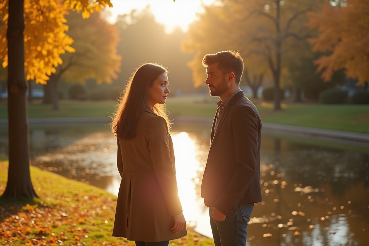 Couple dans un parc automnal avec expressions contrastées