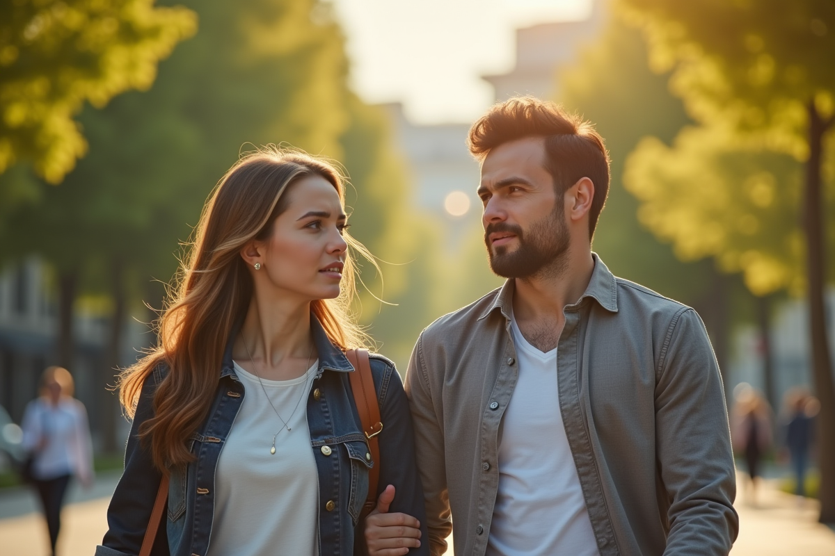 Couple marchant dans un parc ensoleille avec regard inquiet