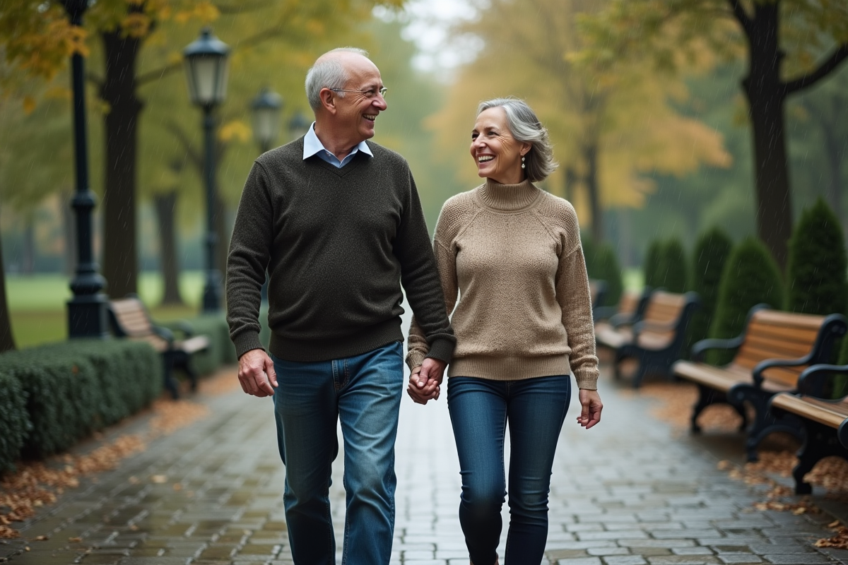 Couple âgé marchant main dans la main dans un parc après la pluie