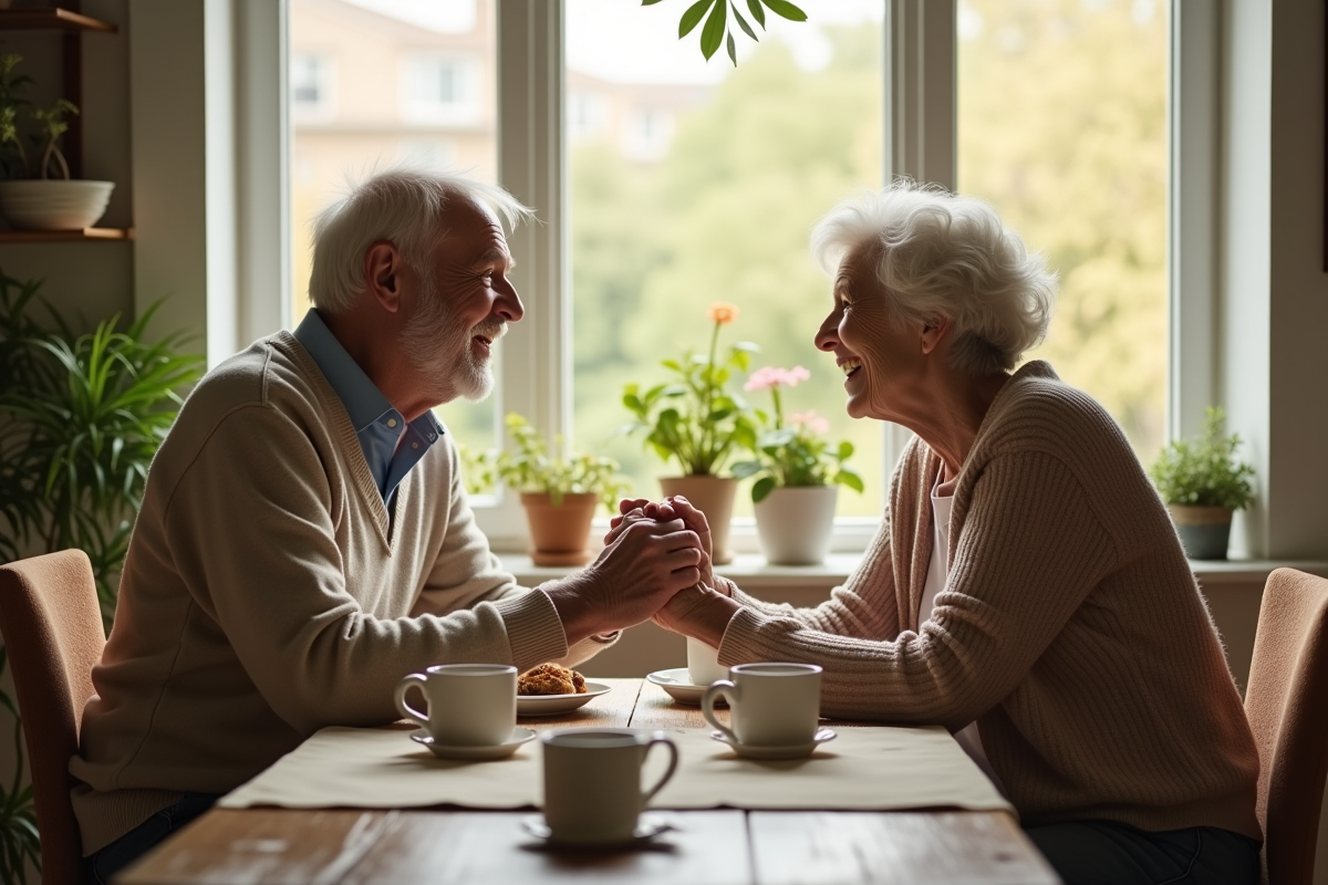 Couple âgé partageant un petit déjeuner dans une cuisine lumineuse
