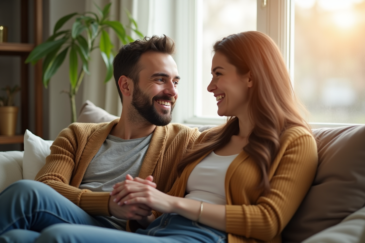 Couple souriant discutant dans un salon lumineux et moderne