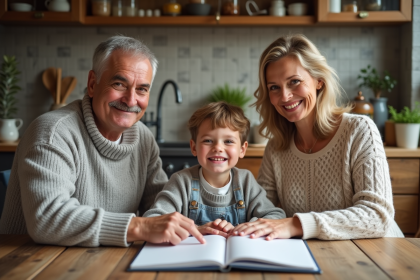 Couple souriant dans la cuisine avec scrapbook fait main