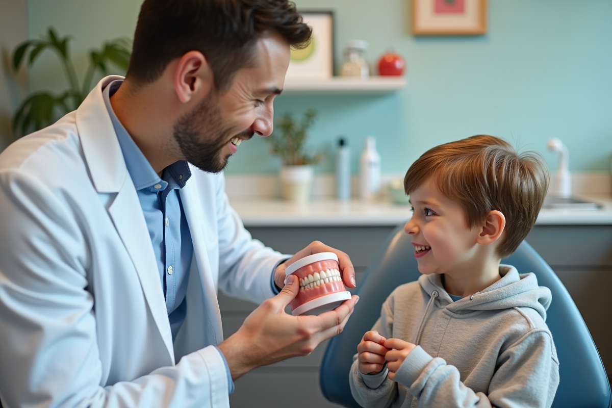 Dentiste montrant un modèle dentaire à un garçon