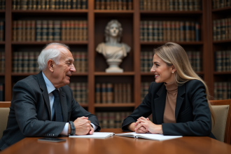 Un homme âgé et une jeune femme discutent dans une bibliothèque