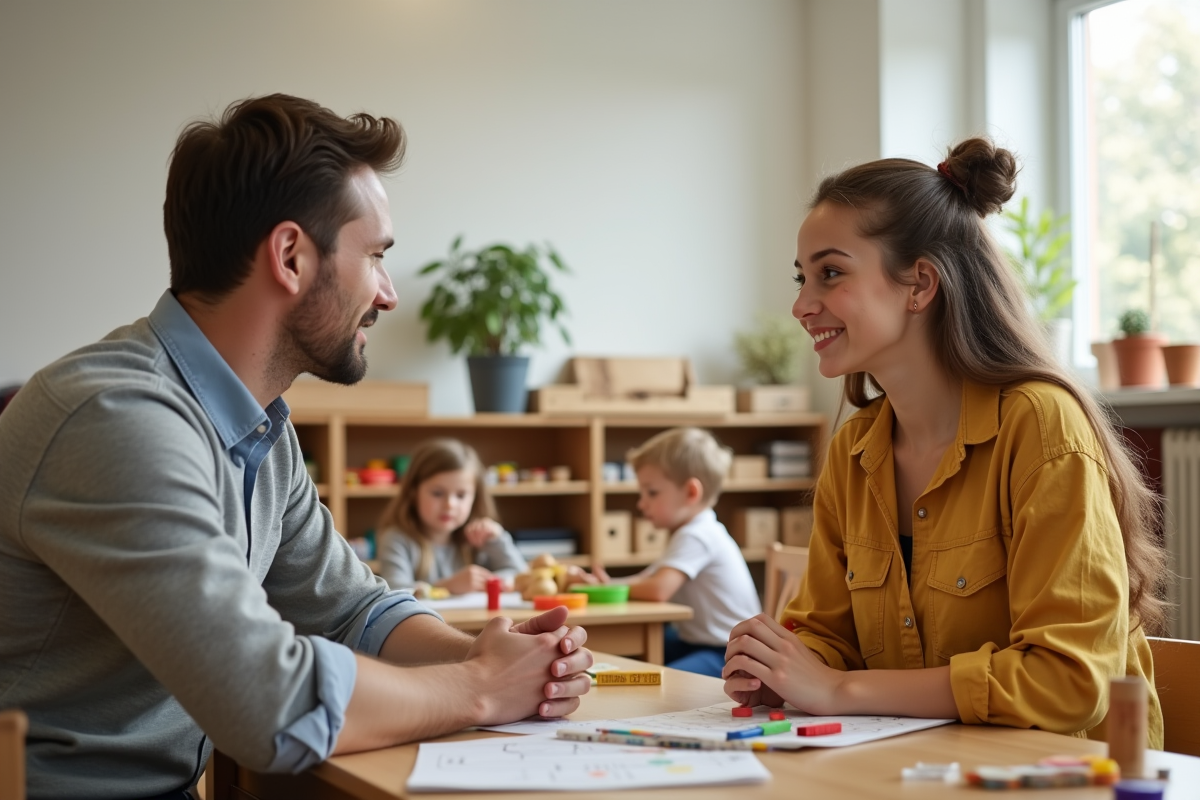Parent et enseignant discutant dans une classe Montessori