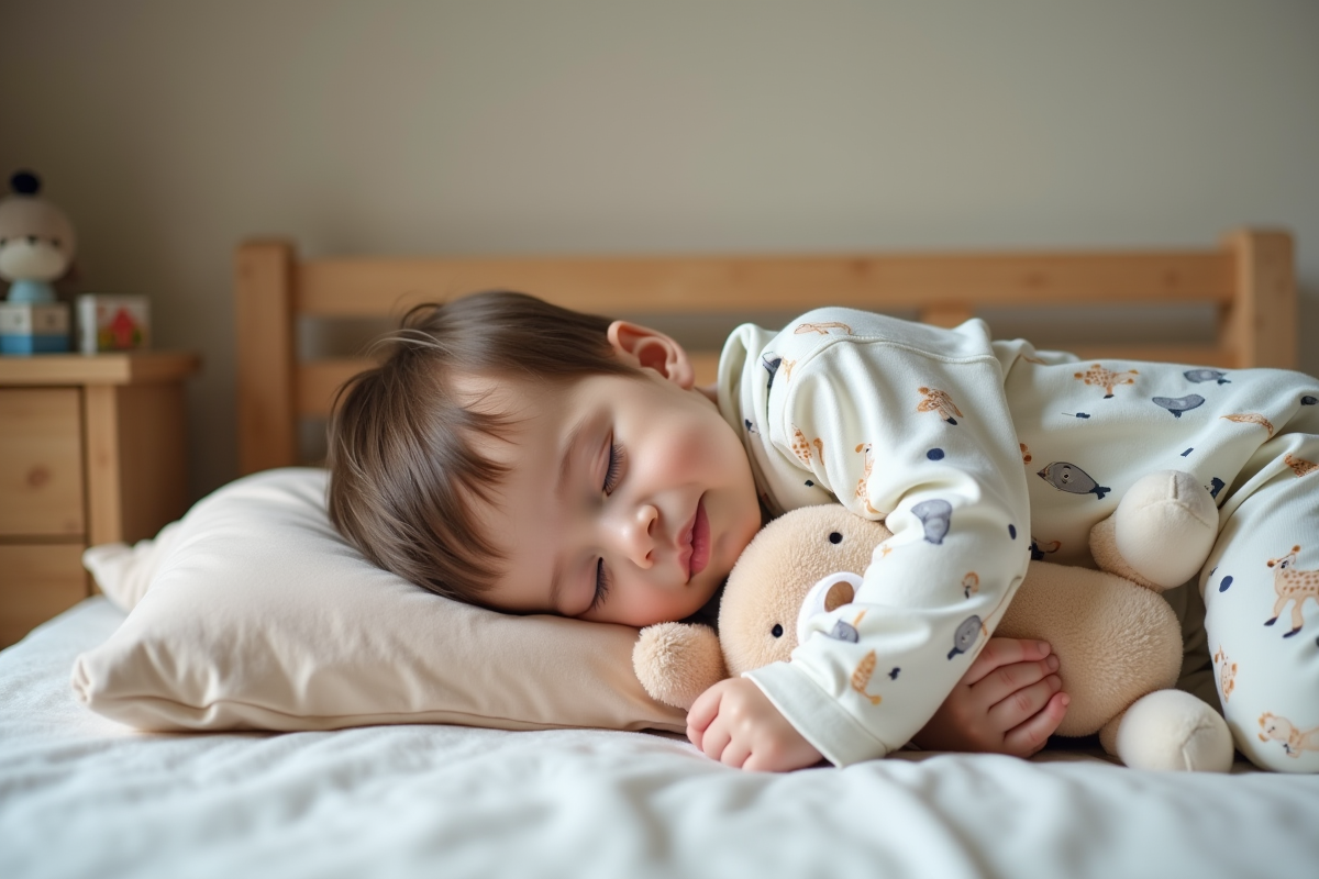 Garçon de deux ans dormant paisiblement avec son doudou dans sa chambre