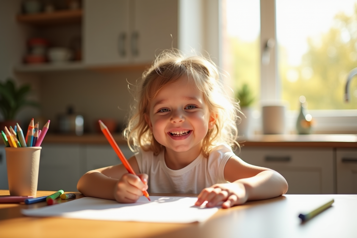 Enfant souriant dessinant à la maison avec lumière naturelle