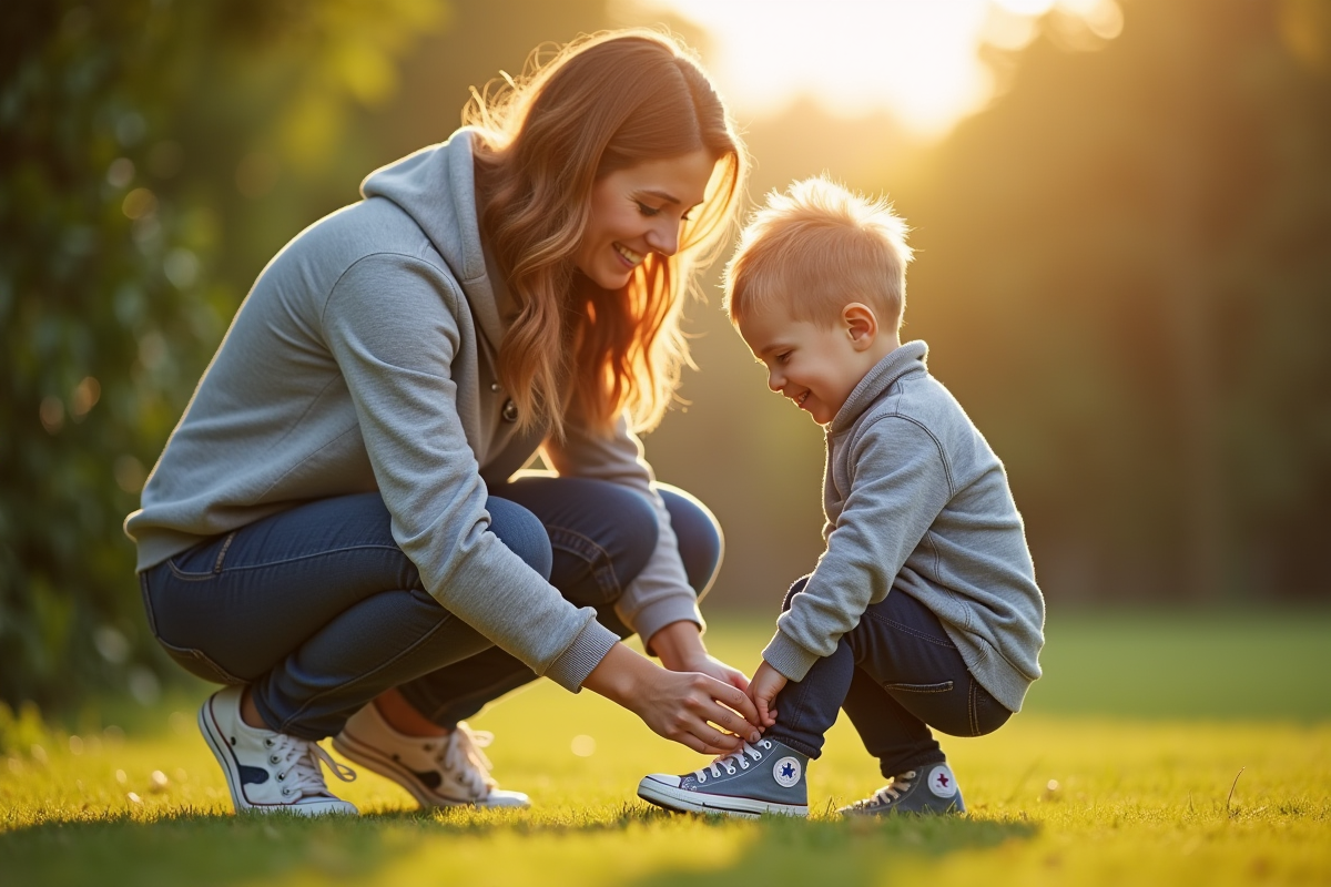 Enfant attachant ses chaussures avec un parent dehors en après-midi