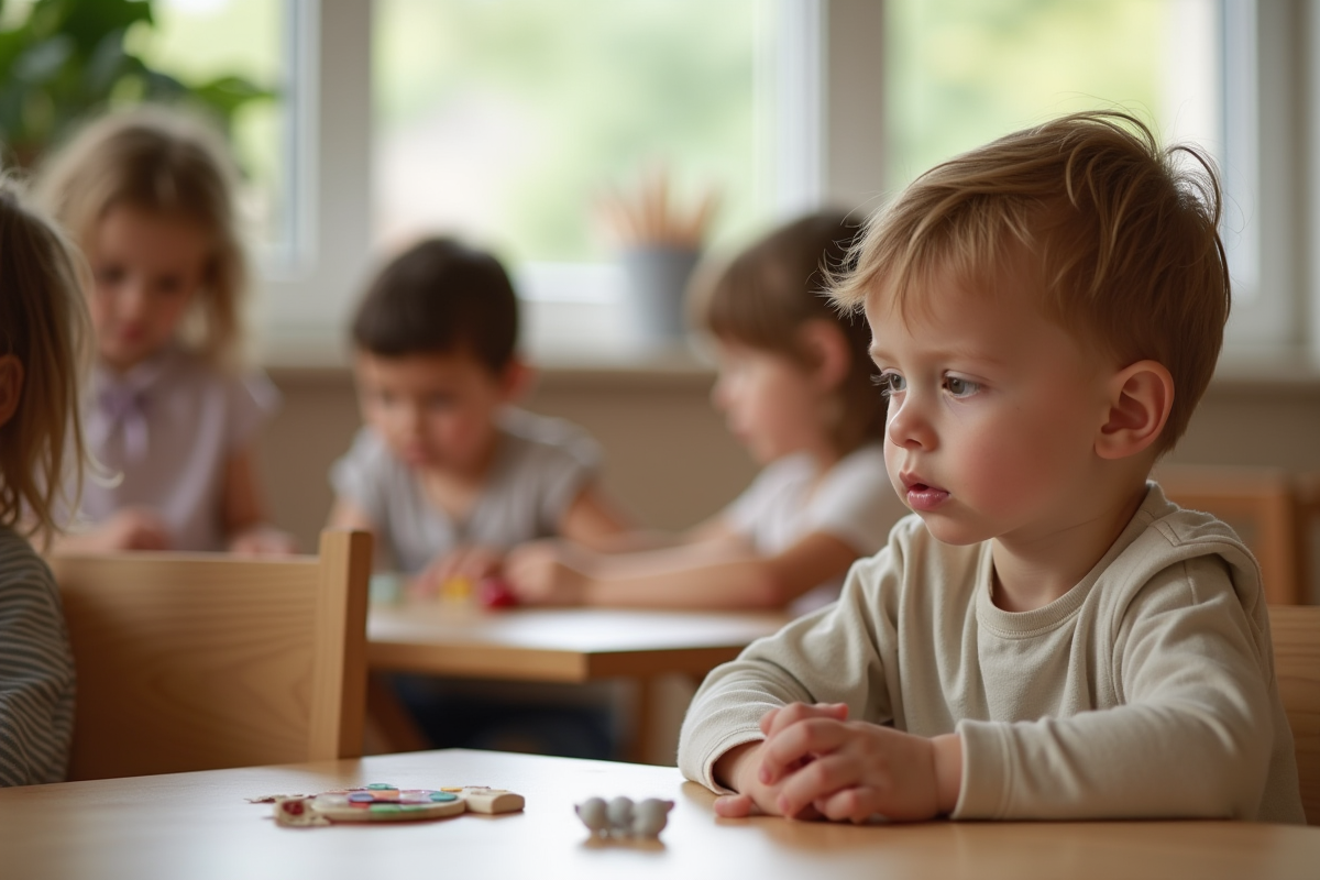 Jeune enfant distrait dans une classe Montessori lumineuse