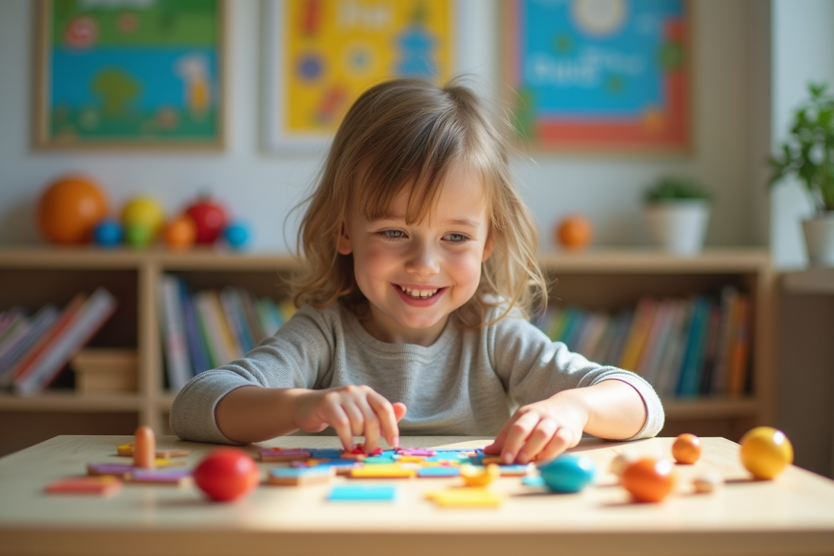 Enfant concentré sur un puzzle éducatif à la table