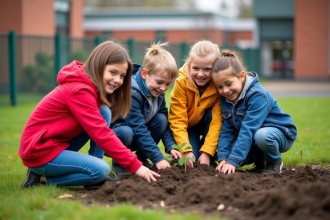 Enfants plantant des jeunes arbres dans le jardin scolaire