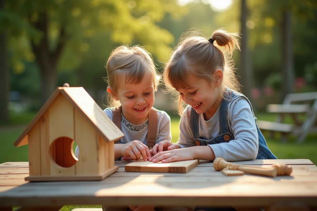 Enfants construisant un nichoir en bois dans le jardin