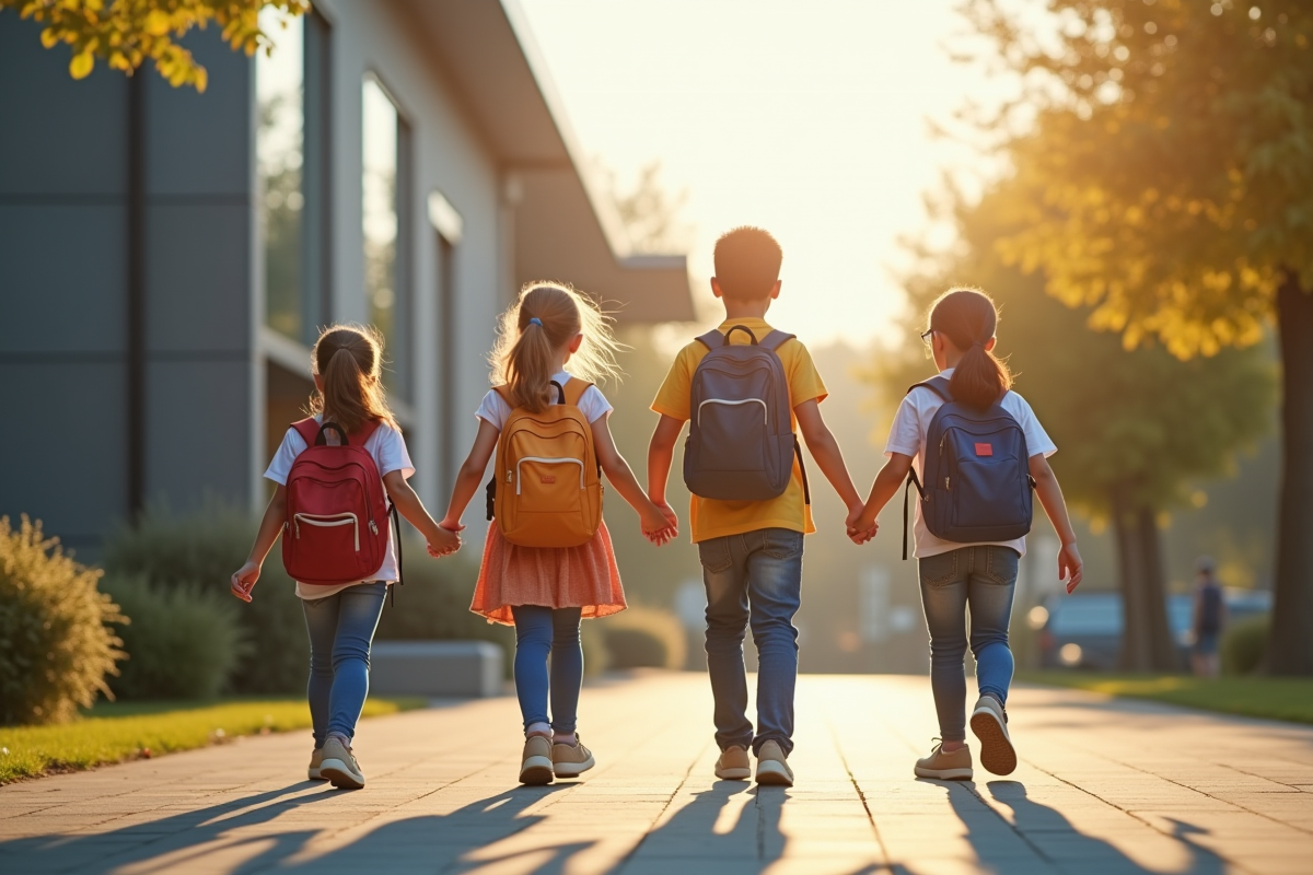 Jeunes enfants avec sacs à dos allant à l'école en matinée