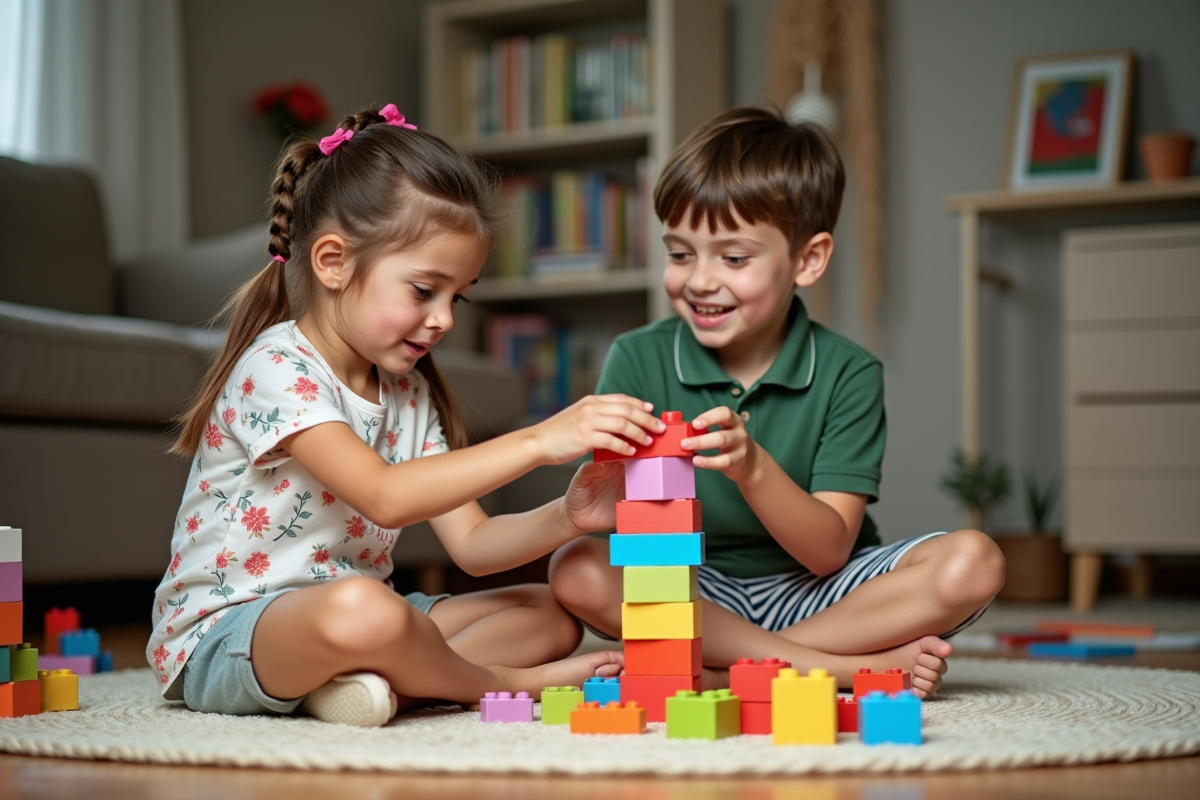 Deux enfants jouent avec des blocs colorés dans le salon