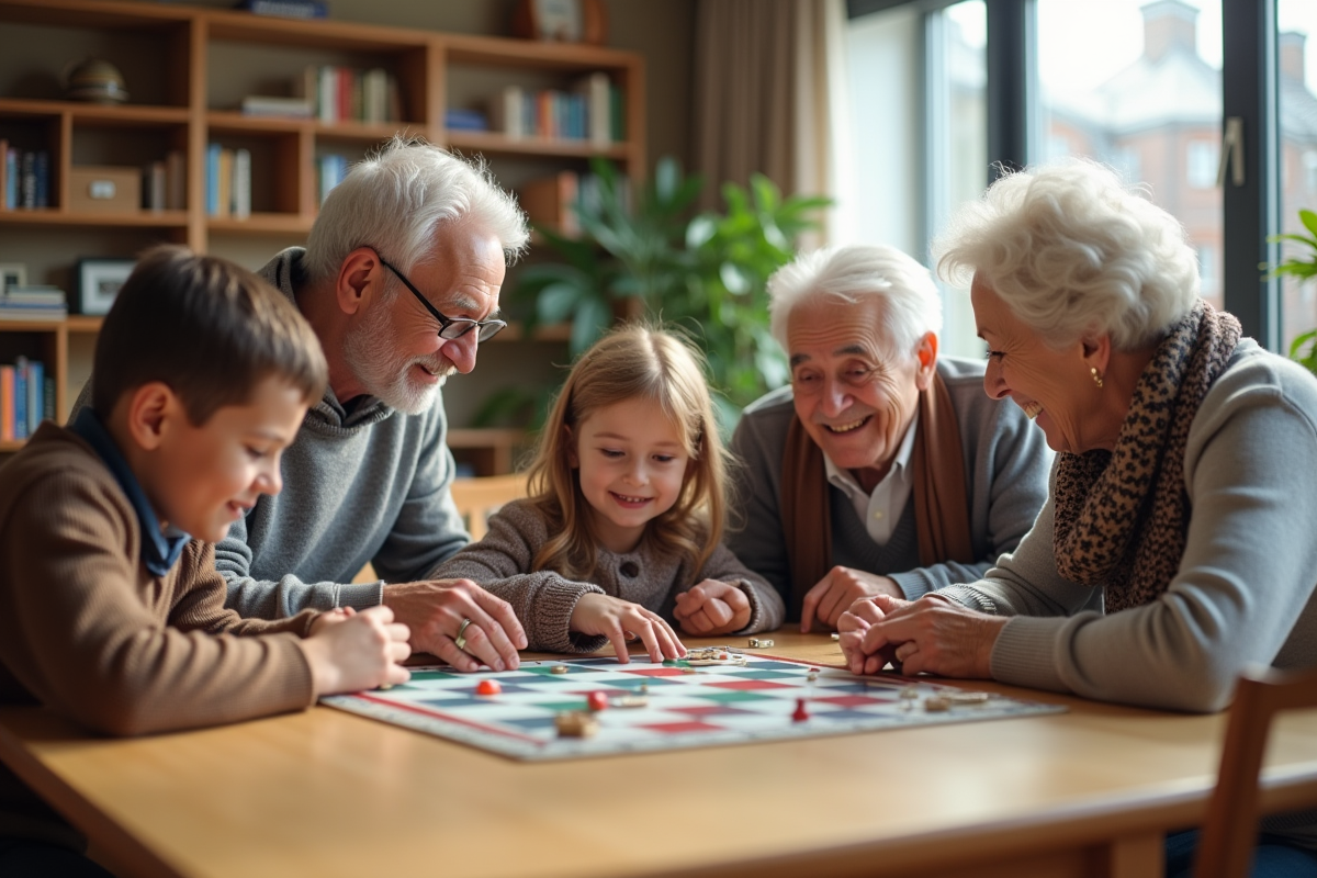 Enfants et seniors jouant ensemble dans un centre communautaire