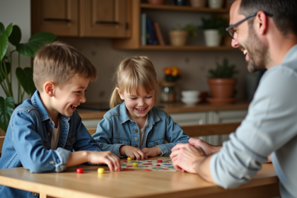 Enfants jouant &agrave; un jeu de soci&eacute;t&eacute; avec leur p&egrave;re dans la cuisine