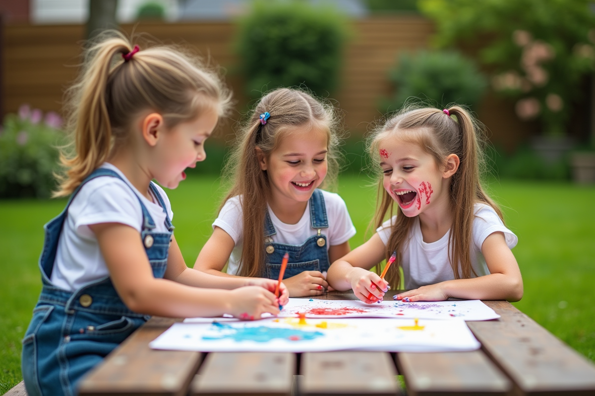 Trois enfants peignent en plein air sur une table en bois