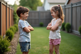 Deux enfants en dispute dans un jardin de banlieue