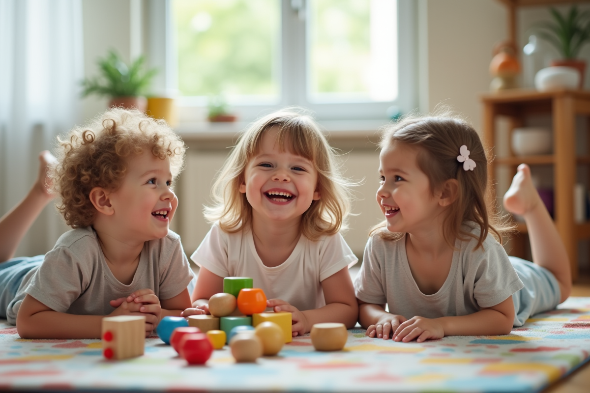 Groupe d'enfants riant et jouant sur un tapis coloré