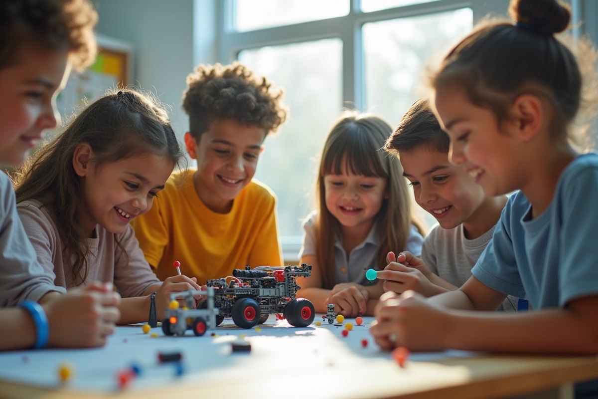 Enfants divers travaillant sur un projet de robotique en classe