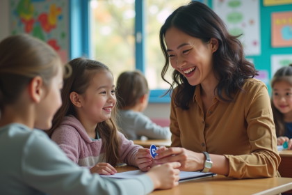 Professeure souriante donnant un autocollant à une élève en classe colorée