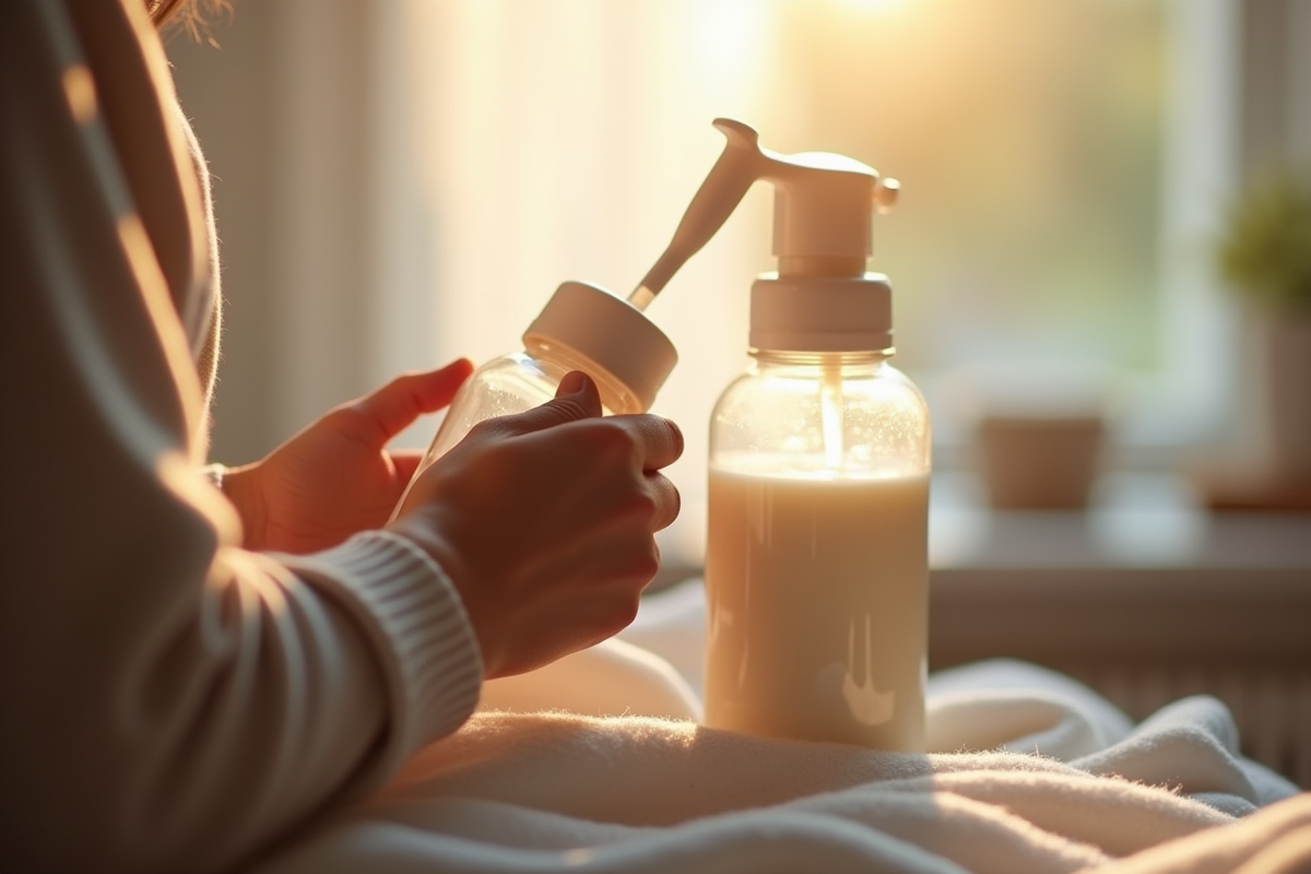 Mains exprimant du lait avec un tire-lait dans la lumière du matin