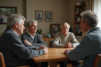 Quatre adultes pensifs autour d'une table de salon