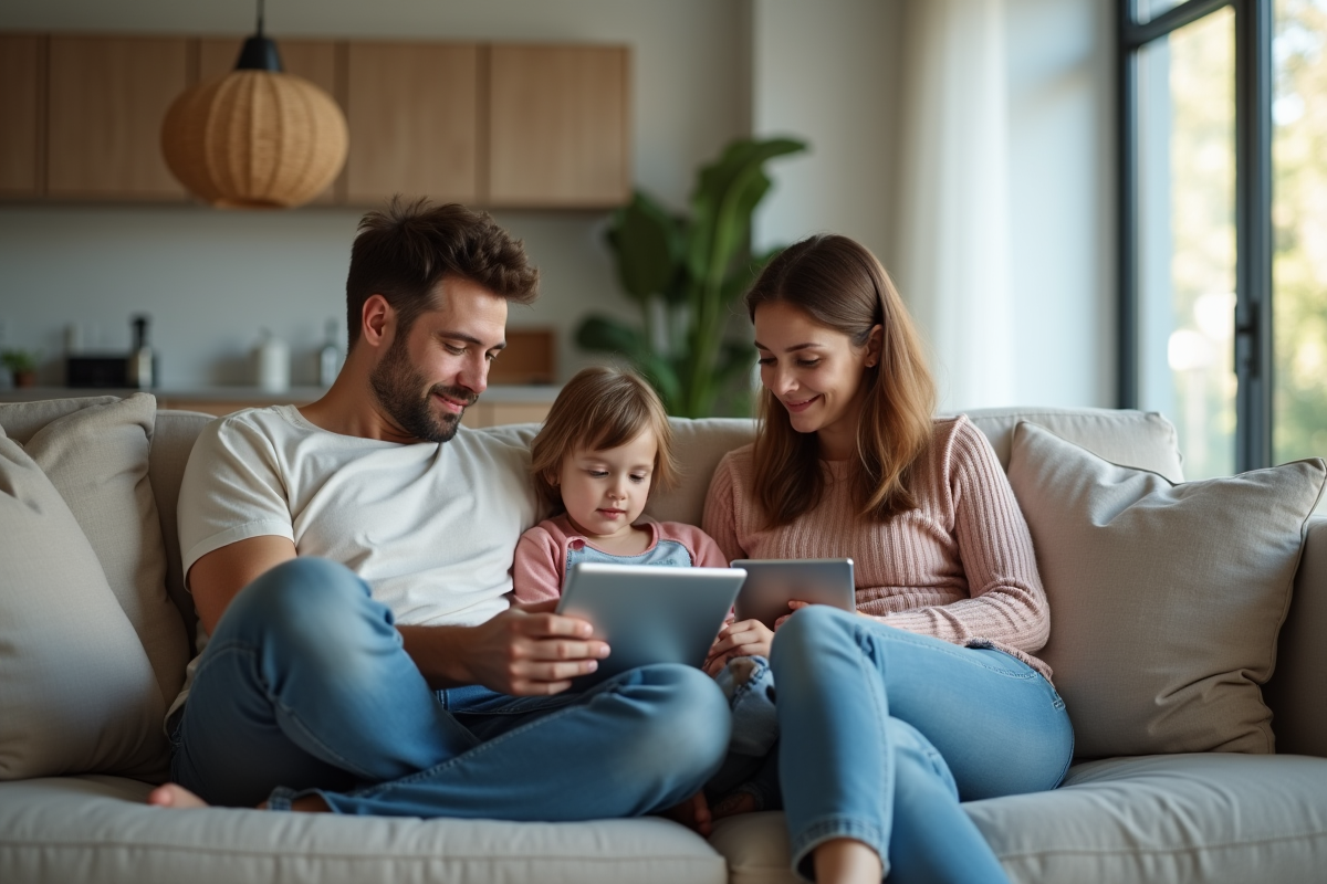 Jeune famille moderne utilisant des appareils numériques dans le salon