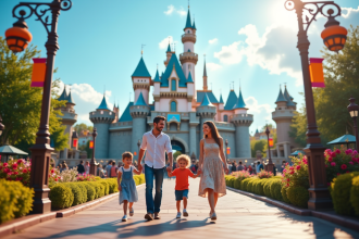 Famille joyeuse entrant dans un parc d'attractions européen avec château en arrière-plan