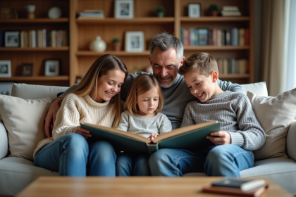 Famille souriante partageant un album photo dans le salon